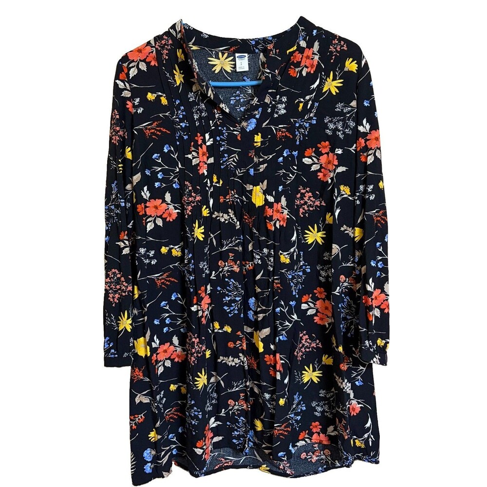 Old Navy Pintuck Swing Tunic Small Black Floral Long Sleeve Boho Rayon